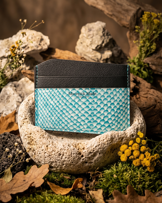 A handcrafted Maverick Made. leather cardholder from Singapore, made with turquoise textured salmon skin leather and black full-grain leather, photographed in a rugged nature-inspired display. The cardholder sits upright inside a porous stone bowl, surrounded by moss, dried leaves, driftwood, rocks and small yellow flowers. Warm directional lighting, earthy tones and shallow depth of field create an artisanal, outdoor-inspired product image for premium leather goods.