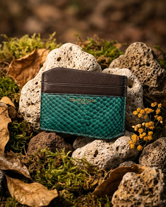 A handcrafted Maverick Made. leather cardholder from Singapore, made with teal green textured salmon skin leather and black full-grain leather. The slim cardholder is photographed upright on porous white stone, surrounded by green moss, dried brown leaves, grey rocks and small yellow wildflowers. Warm directional lighting, shallow depth of field and earthy styling create a rugged nature-inspired product image for premium leather goods, artisan wallets and unique cardholders in Singapore.