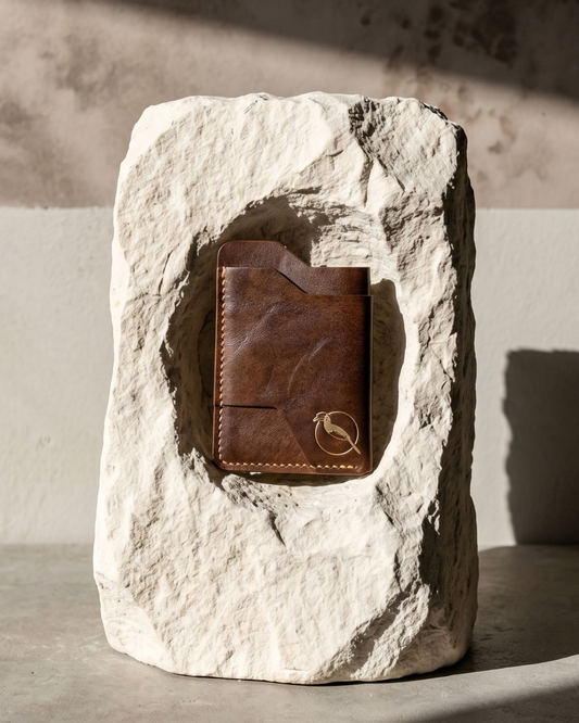 A handcrafted brown leather cardholder by Maverick Made. Singapore, photographed recessed inside a sculpted white stone block. The minimalist cardholder features visible leather grain, contrast stitching and subtle embossed artwork detail. Strong natural sunlight casts dramatic shadows across the textured stone, concrete surface and warm neutral backdrop, creating a refined editorial image for premium leather goods, handcrafted wallets and artisan everyday carry accessories in Singapore.