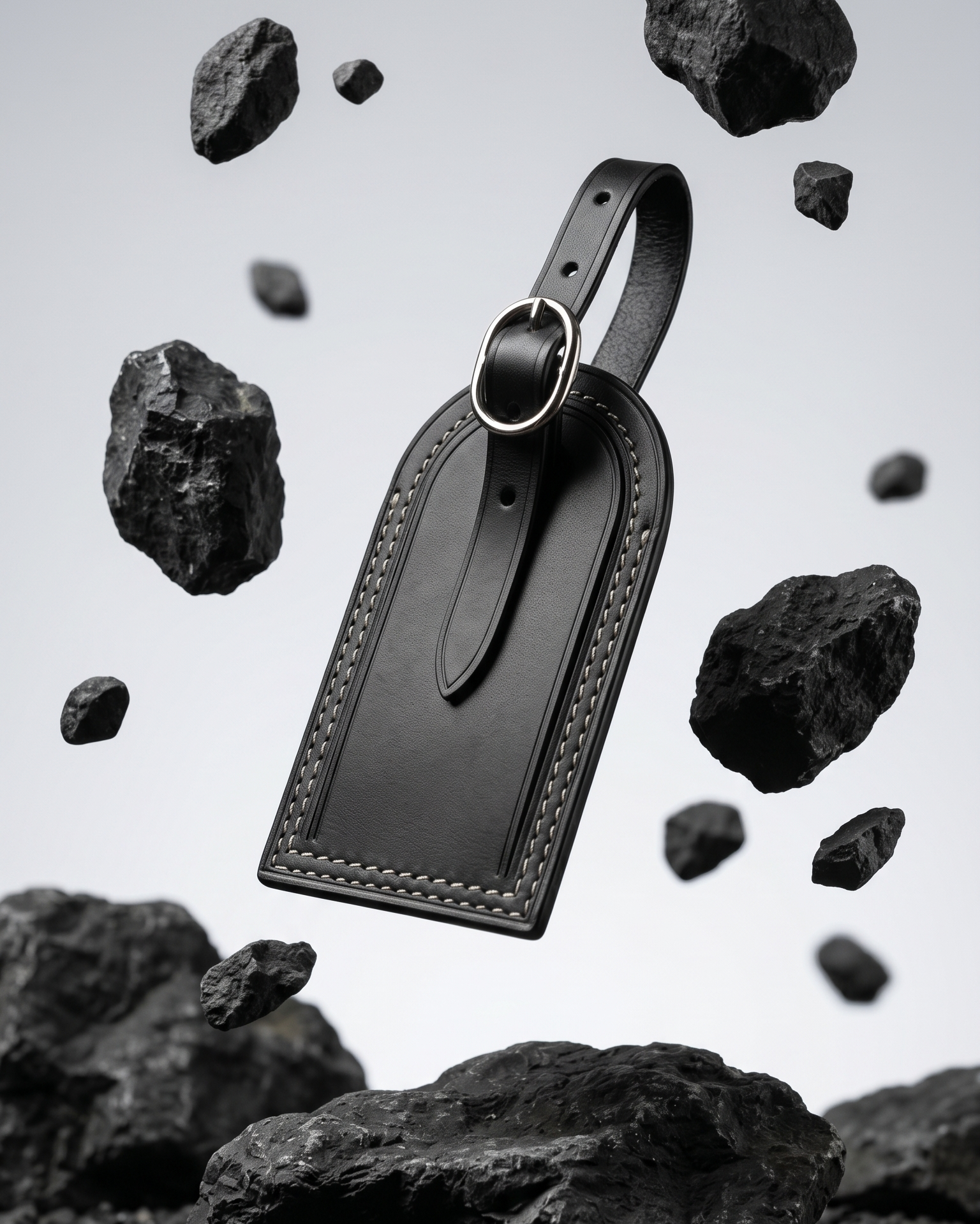 A black leather luggage tag by Maverick Made. Singapore, photographed floating above a gravel ground plane and surrounded by suspended porous volcanic rocks. The tag features a rounded top, stitched leather edges, raised border detailing, adjustable leather strap and polished metal ring. Soft grey studio background, directional lighting and sharp product focus create a modern editorial image for premium leather travel accessories, personalised luggage tags and handcrafted leather goods in Singapore.