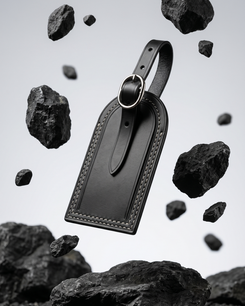 A black leather luggage tag by Maverick Made. Singapore, photographed floating above a gravel ground plane and surrounded by suspended porous volcanic rocks. The tag features a rounded top, stitched leather edges, raised border detailing, adjustable leather strap and polished metal ring. Soft grey studio background, directional lighting and sharp product focus create a modern editorial image for premium leather travel accessories, personalised luggage tags and handcrafted leather goods in Singapore.