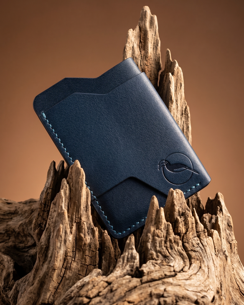 Handcrafted blue leather card holder by Maverick Made. in Singapore, featuring hand stitching, an embossed hornbill logo, and a slim minimalist wallet design photographed on driftwood.
