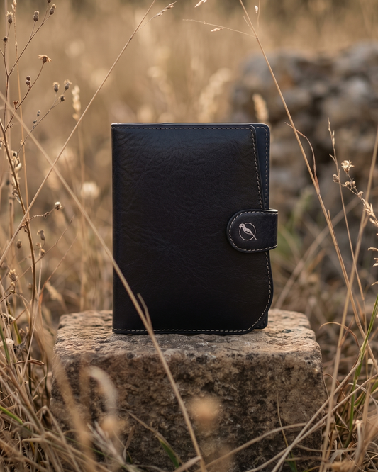 A indigo and blue leather passport wallet by Maverick Made. Singapore, displayed upright on textured stone in a field of tall dry grass during golden hour. The travel wallet features contrast stitching, curved edges, a button strap closure and subtle embossed bird logo detailing. Warm natural sunlight, shallow depth of field and earthy outdoor styling create a cinematic editorial image for premium leather travel accessories, handcrafted passport holders and artisan leather goods in Singapore.