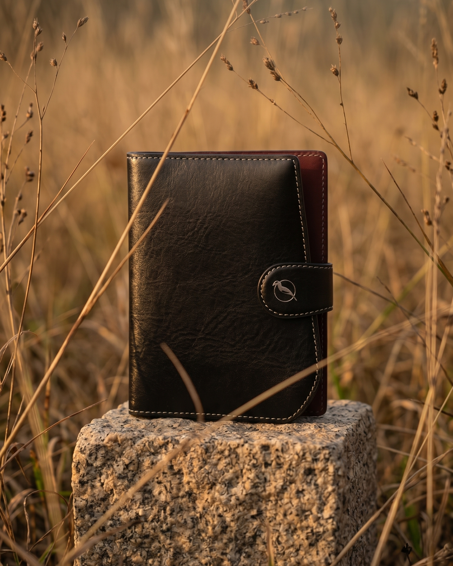 A handcrafted black leather passport wallet by Maverick Made. Singapore, displayed upright on textured stone in a field of tall dry grass during golden hour. The travel wallet features contrast stitching, curved edges, a button strap closure and subtle embossed bird logo detailing. Warm natural sunlight, shallow depth of field and earthy outdoor styling create a cinematic editorial image for premium leather travel accessories, handcrafted passport holders and artisan leather goods in Singapore.