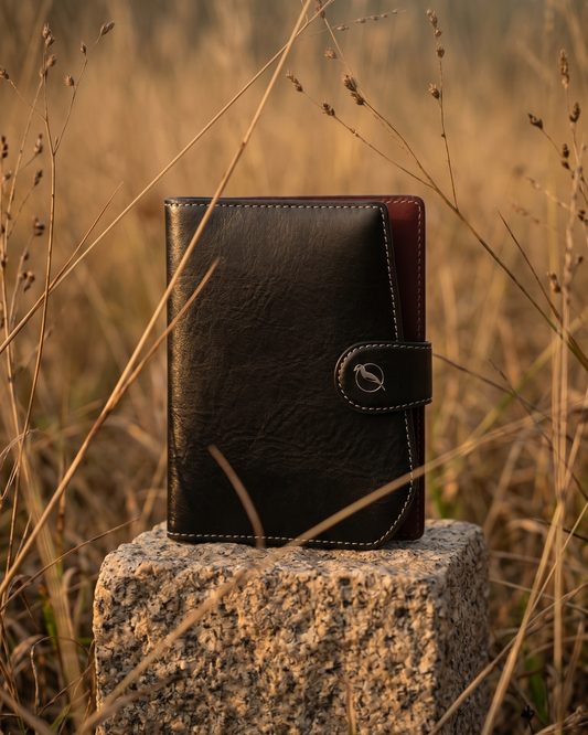 A handcrafted black leather passport wallet by Maverick Made. Singapore, displayed upright on textured stone in a field of tall dry grass during golden hour. The travel wallet features contrast stitching, curved edges, a button strap closure and subtle embossed bird logo detailing. Warm natural sunlight, shallow depth of field and earthy outdoor styling create a cinematic editorial image for premium leather travel accessories, handcrafted passport holders and artisan leather goods in Singapore.