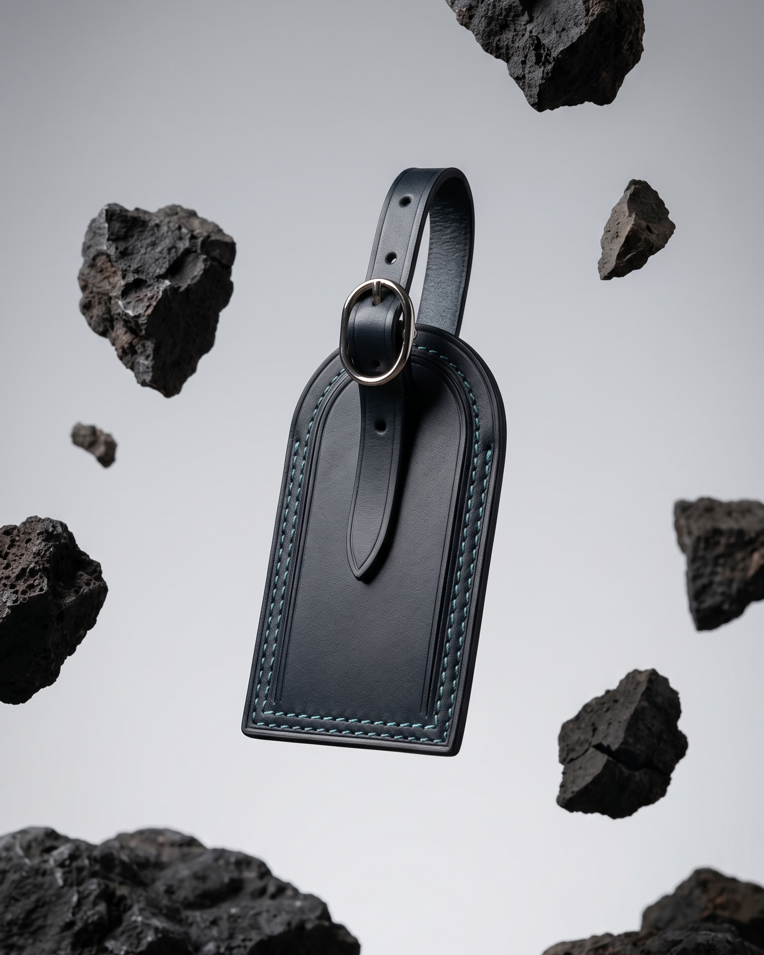 An indigo blue leather luggage tag by Maverick Made. Singapore, photographed floating above a gravel ground plane and surrounded by suspended porous volcanic rocks. The tag features a rounded top, stitched leather edges, raised border detailing, adjustable leather strap and polished metal ring. Soft grey studio background, directional lighting and sharp product focus create a modern editorial image for premium leather travel accessories, personalised luggage tags and handcrafted leather goods in Singapore.