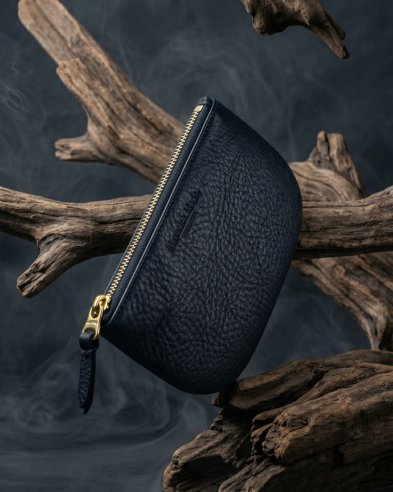 An indigo blue leather zipper pouch by Maverick Made. Singapore, suspended among sculptural driftwood against a dark smoky backdrop. The pouch features textured full-grain leather, a curved compact silhouette, brass zipper, leather pull tab and subtle embossed branding. Directional lighting, smoke and weathered wood create a rugged editorial image for premium leather goods, artisan zipper pouches and handcrafted everyday carry in Singapore.