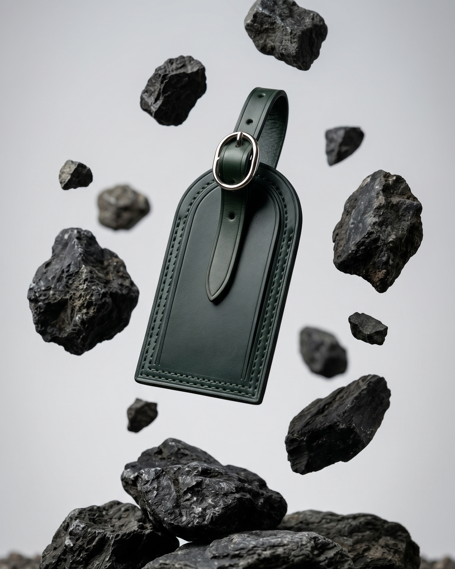 A dark green leather luggage tag by Maverick Made. Singapore, photographed floating above a gravel ground plane and surrounded by suspended porous volcanic rocks. The tag features a rounded top, stitched leather edges, raised border detailing, adjustable leather strap and polished metal ring. Soft grey studio background, directional lighting and sharp product focus create a modern editorial image for premium leather travel accessories, personalised luggage tags and handcrafted leather goods in Singapore.
