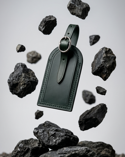 A dark green leather luggage tag by Maverick Made. Singapore, photographed floating above a gravel ground plane and surrounded by suspended porous volcanic rocks. The tag features a rounded top, stitched leather edges, raised border detailing, adjustable leather strap and polished metal ring. Soft grey studio background, directional lighting and sharp product focus create a modern editorial image for premium leather travel accessories, personalised luggage tags and handcrafted leather goods in Singapore.