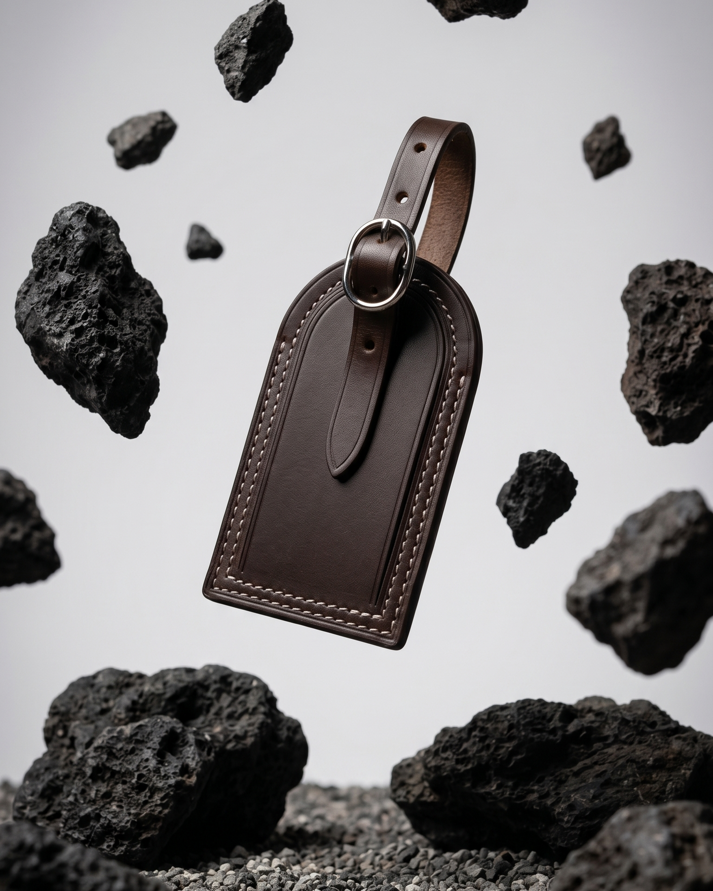 A dark purple leather luggage tag by Maverick Made. Singapore, photographed floating above a gravel ground plane and surrounded by suspended porous volcanic rocks. The tag features a rounded top, stitched leather edges, raised border detailing, adjustable leather strap and polished metal ring. Soft grey studio background, directional lighting and sharp product focus create a modern editorial image for premium leather travel accessories, personalised luggage tags and handcrafted leather goods in Singapore.
