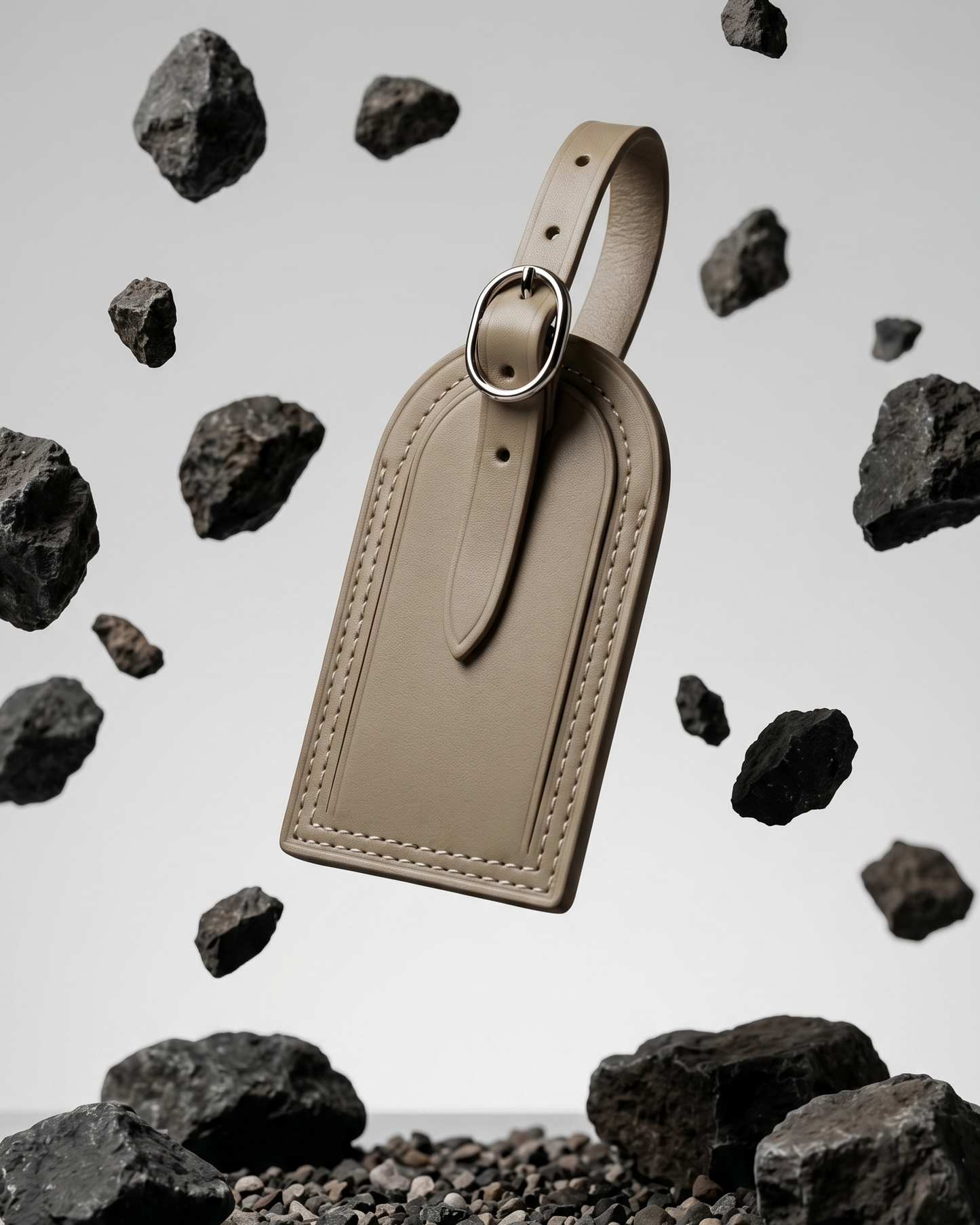 A taupe leather luggage tag by Maverick Made. Singapore, photographed floating above a gravel ground plane and surrounded by suspended porous volcanic rocks. The tag features a rounded top, stitched leather edges, raised border detailing, adjustable leather strap and polished metal ring. Soft grey studio background, directional lighting and sharp product focus create a modern editorial image for premium leather travel accessories, personalised luggage tags and handcrafted leather goods in Singapore.