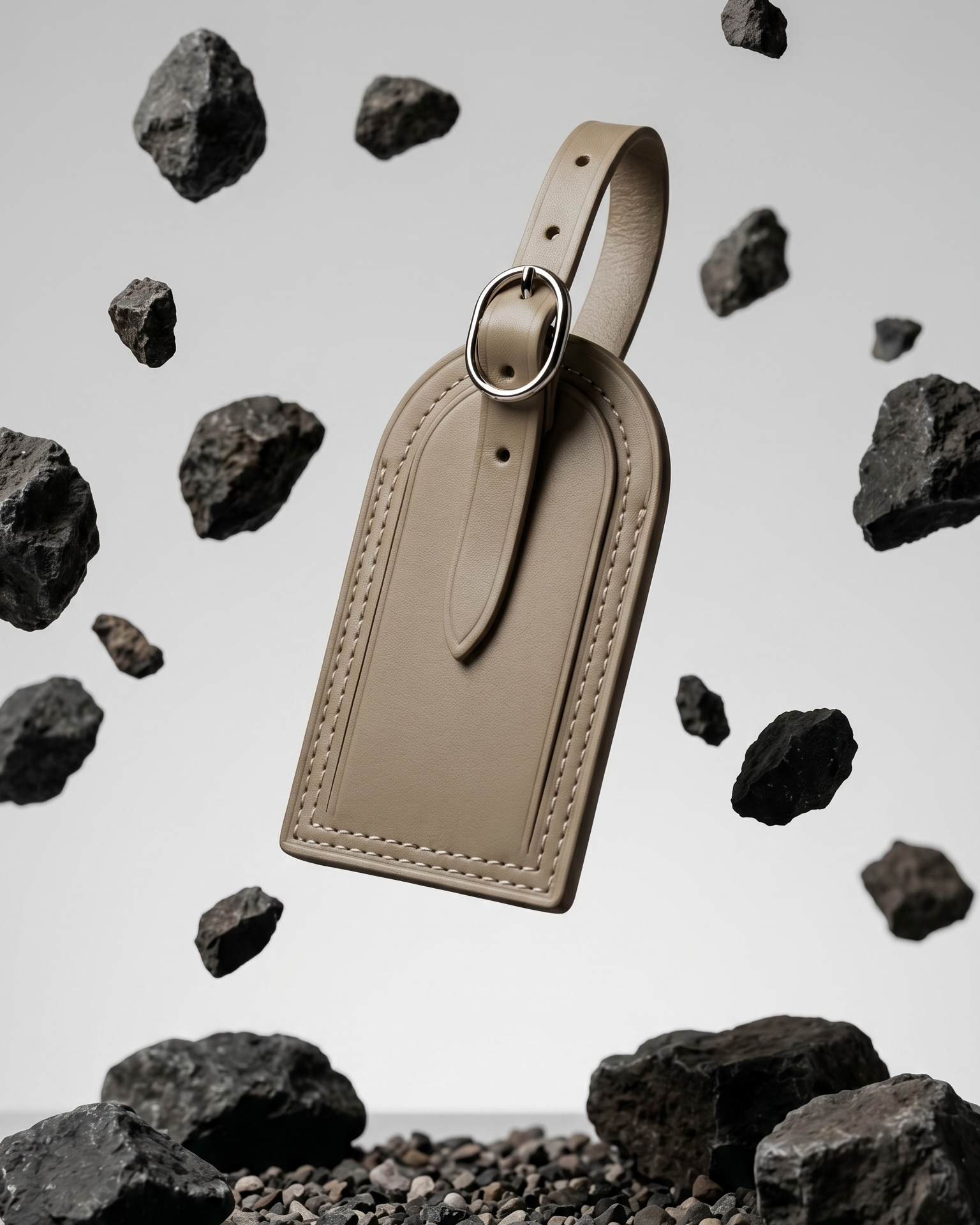 A taupe leather luggage tag by Maverick Made. Singapore, photographed floating above a gravel ground plane and surrounded by suspended porous volcanic rocks. The tag features a rounded top, stitched leather edges, raised border detailing, adjustable leather strap and polished metal ring. Soft grey studio background, directional lighting and sharp product focus create a modern editorial image for premium leather travel accessories, personalised luggage tags and handcrafted leather goods in Singapore.